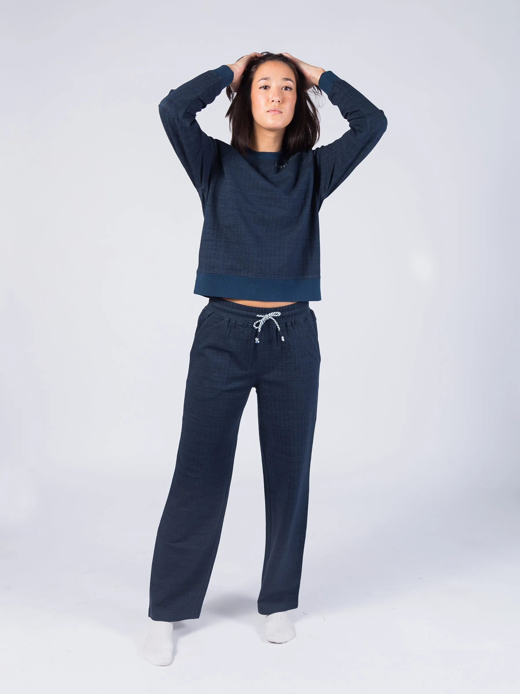 Wide Leg Herringbone Flex Pants | Deep Sea