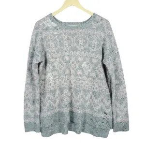 Wildfox Sweater XS Gray Pink Knit Crew Neck Long Sleeves Oversized Pullover