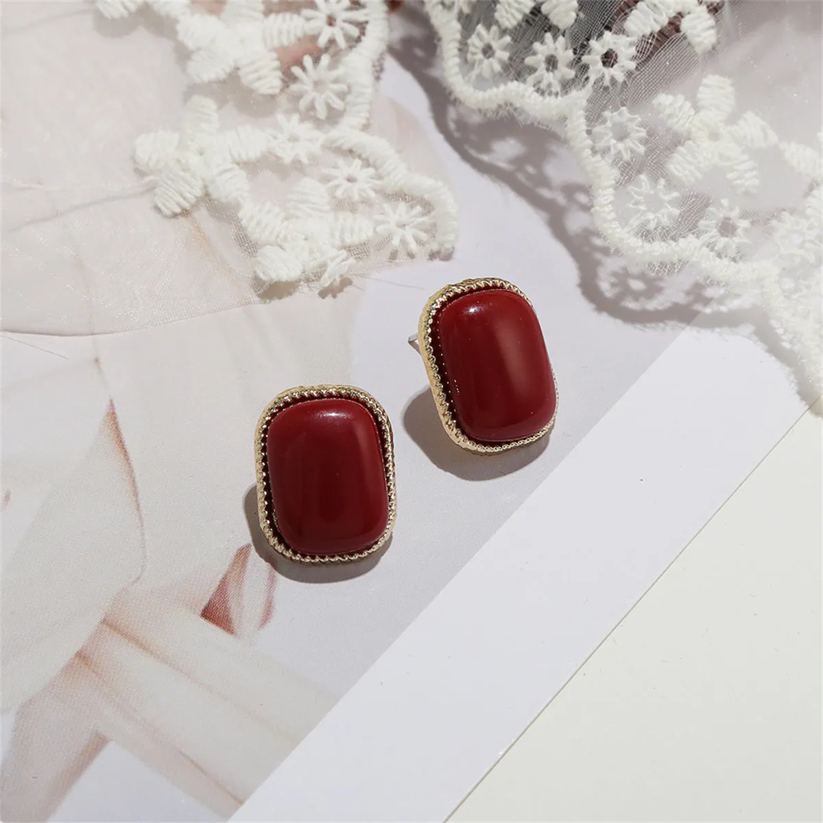Wine Resin & 18K Gold-Plated Copper Rectangular Stud Earrings
