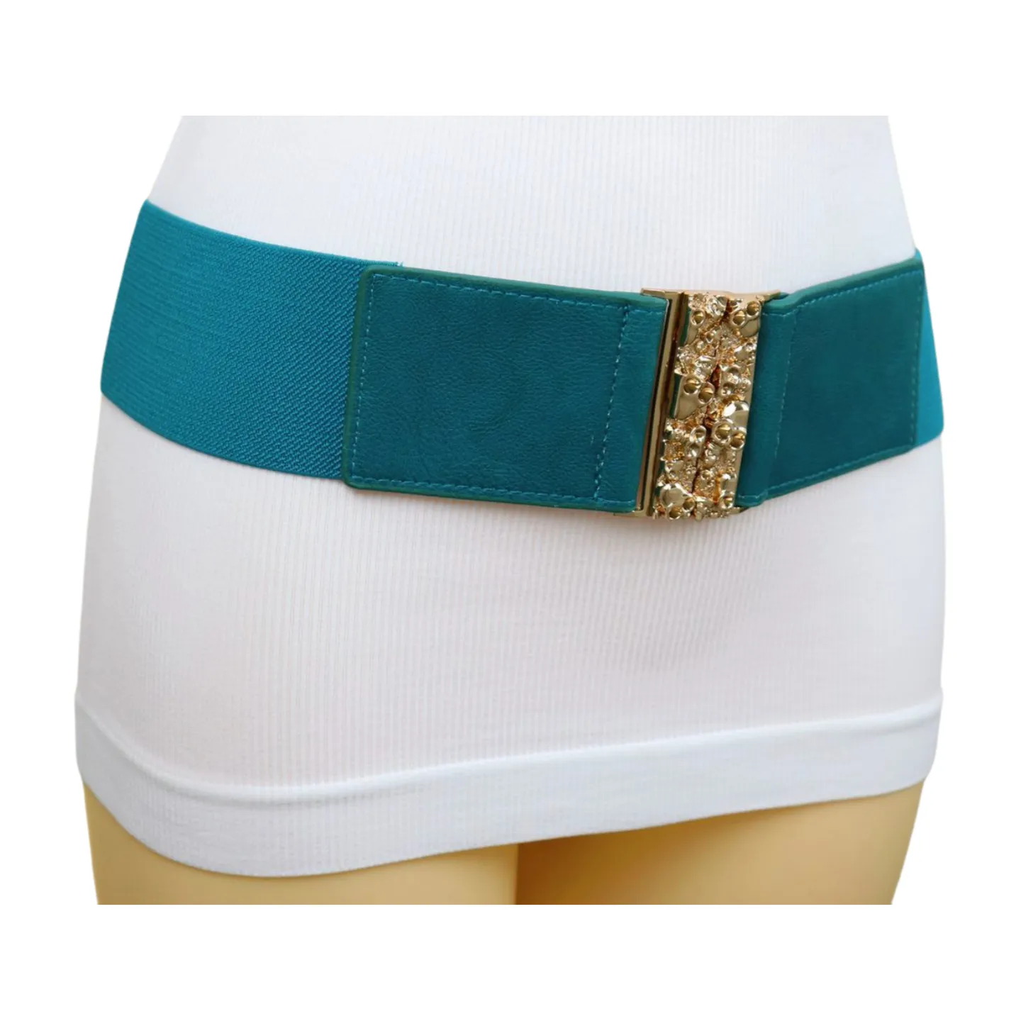 Women Teal Blue Wide Elastic Fashion Belt Hip High Waist Gold Skull Buckle S M