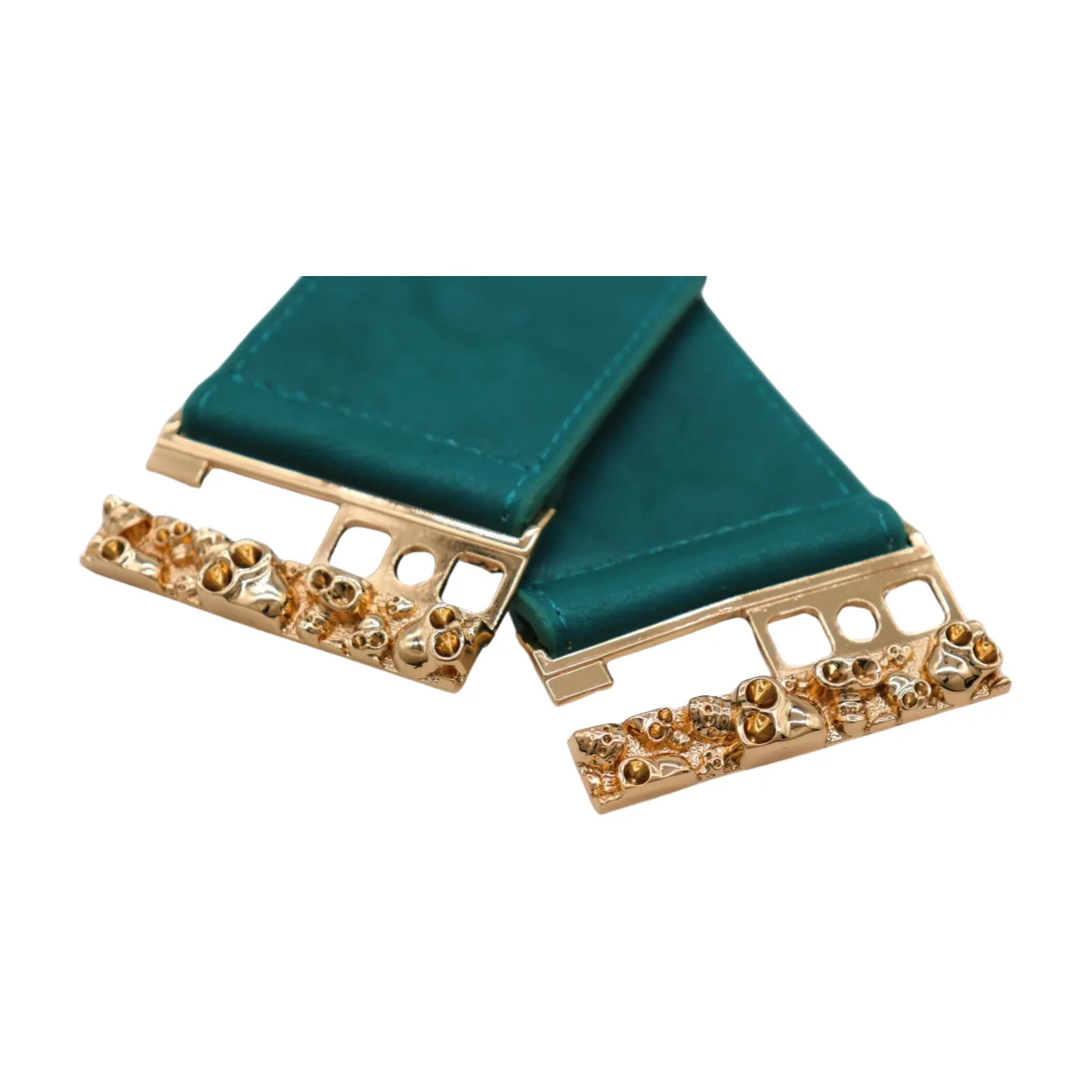 Women Teal Blue Wide Elastic Fashion Belt Hip High Waist Gold Skull Buckle S M