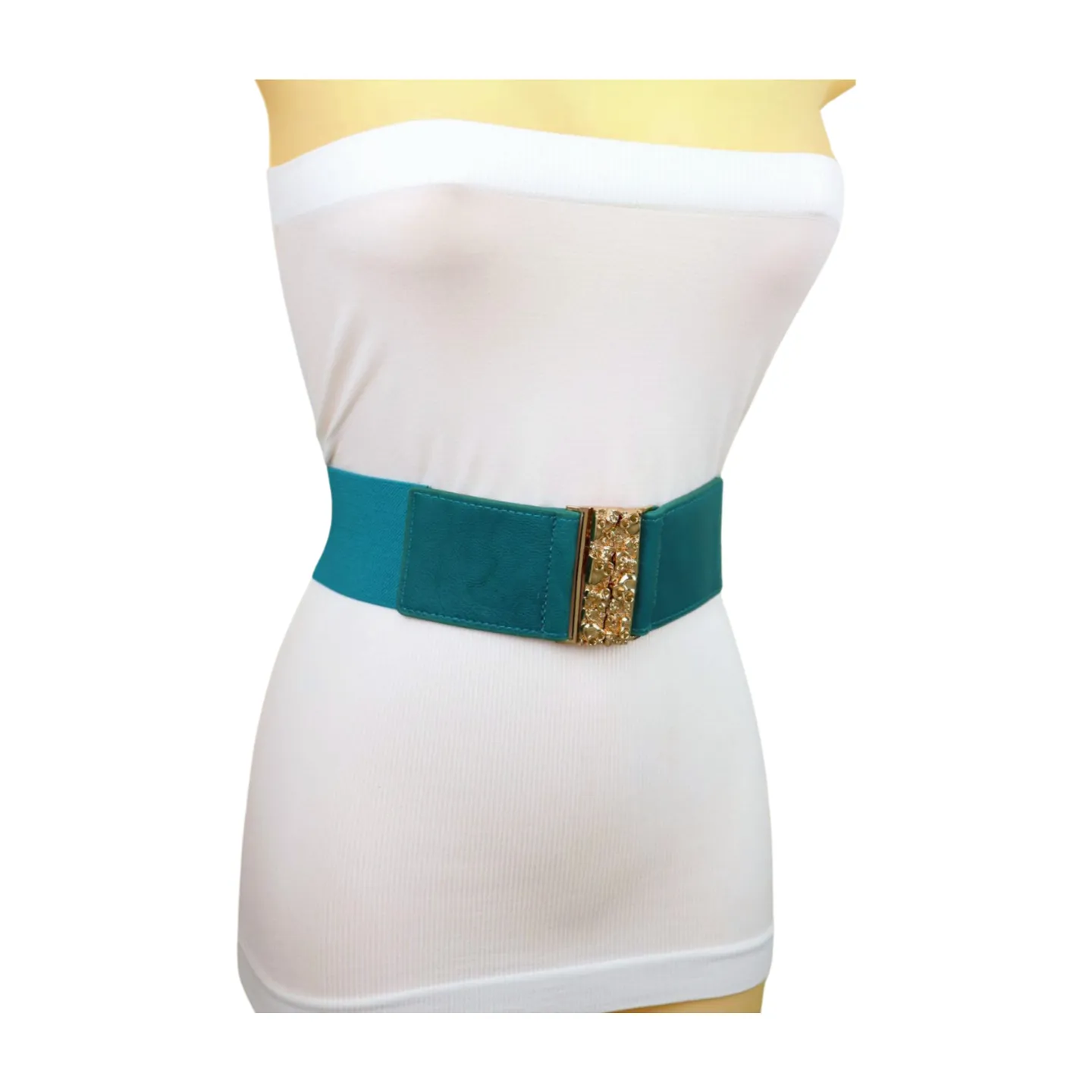Women Teal Blue Wide Elastic Fashion Belt Hip High Waist Gold Skull Buckle S M