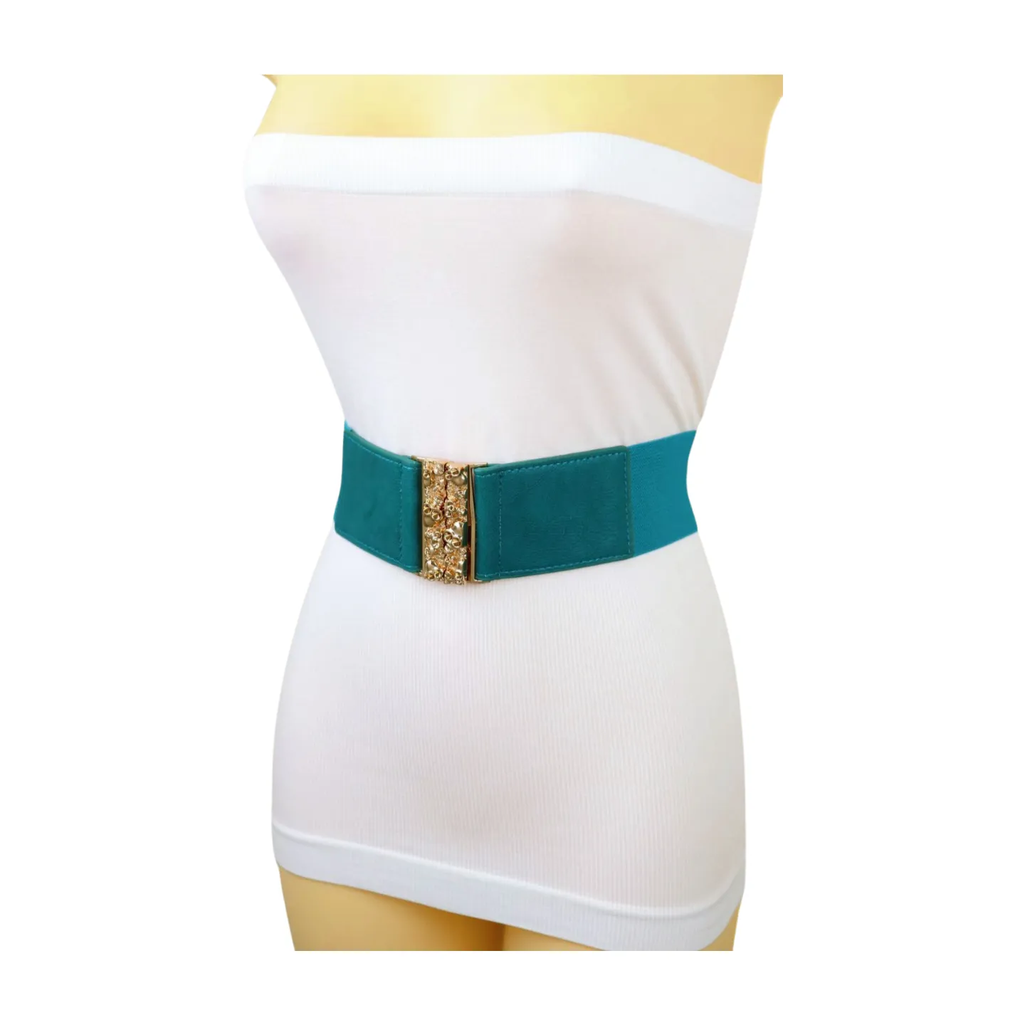 Women Teal Blue Wide Elastic Fashion Belt Hip High Waist Gold Skull Buckle S M