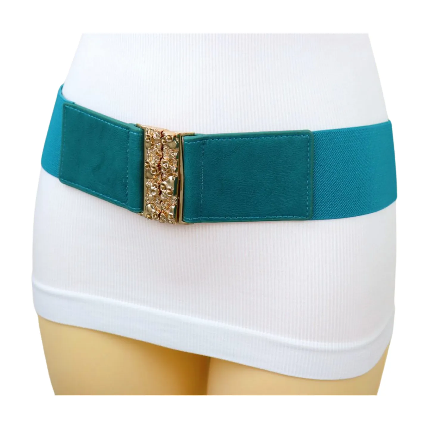 Women Teal Blue Wide Elastic Fashion Belt Hip High Waist Gold Skull Buckle S M