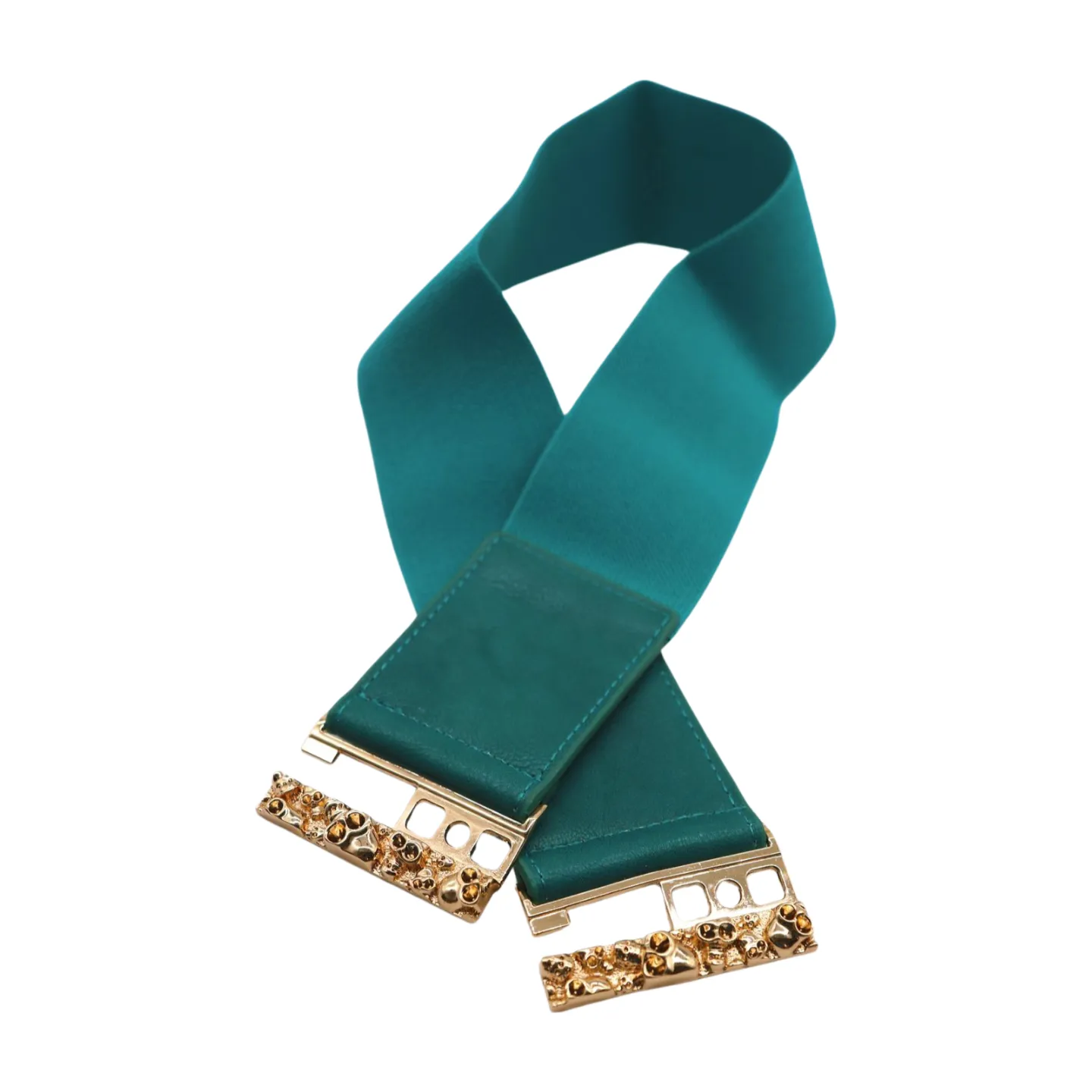 Women Teal Blue Wide Elastic Fashion Belt Hip High Waist Gold Skull Buckle S M