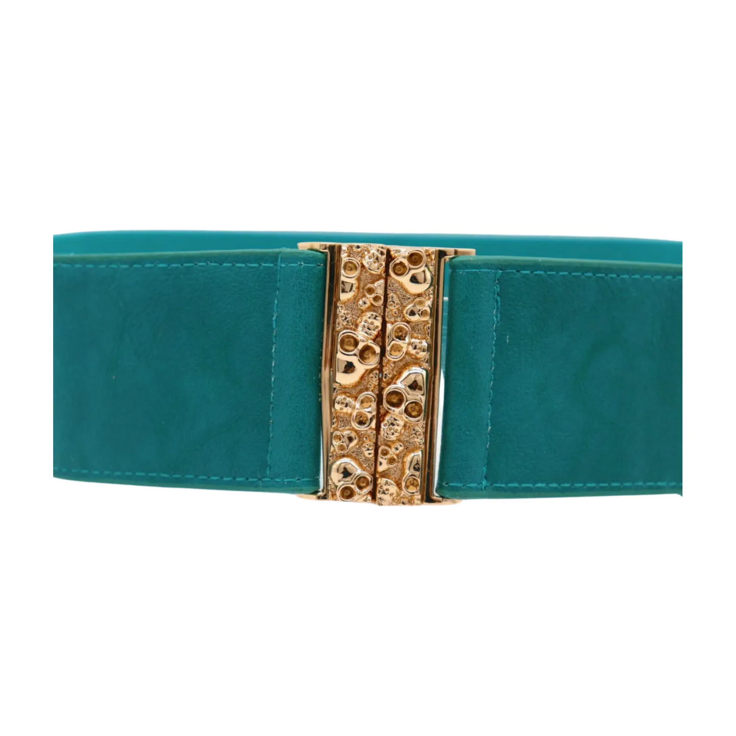 Women Teal Blue Wide Elastic Fashion Belt Hip High Waist Gold Skull Buckle S M