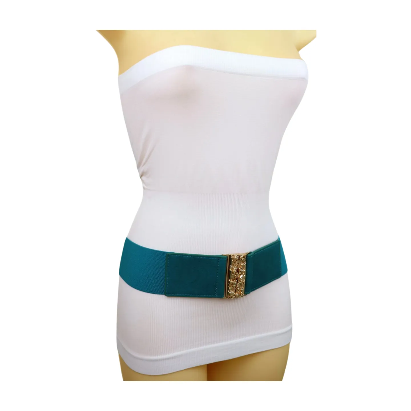 Women Teal Blue Wide Elastic Fashion Belt Hip High Waist Gold Skull Buckle S M