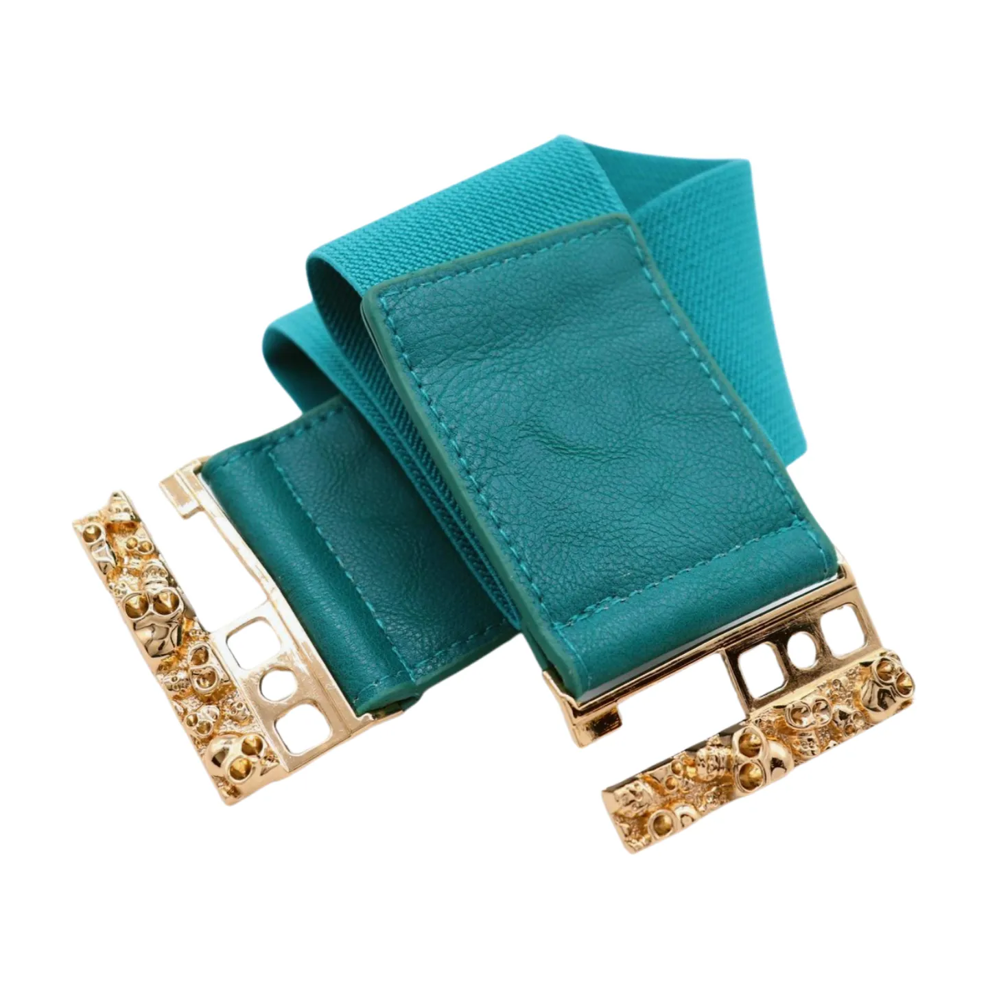 Women Teal Blue Wide Elastic Fashion Belt Hip High Waist Gold Skull Buckle S M