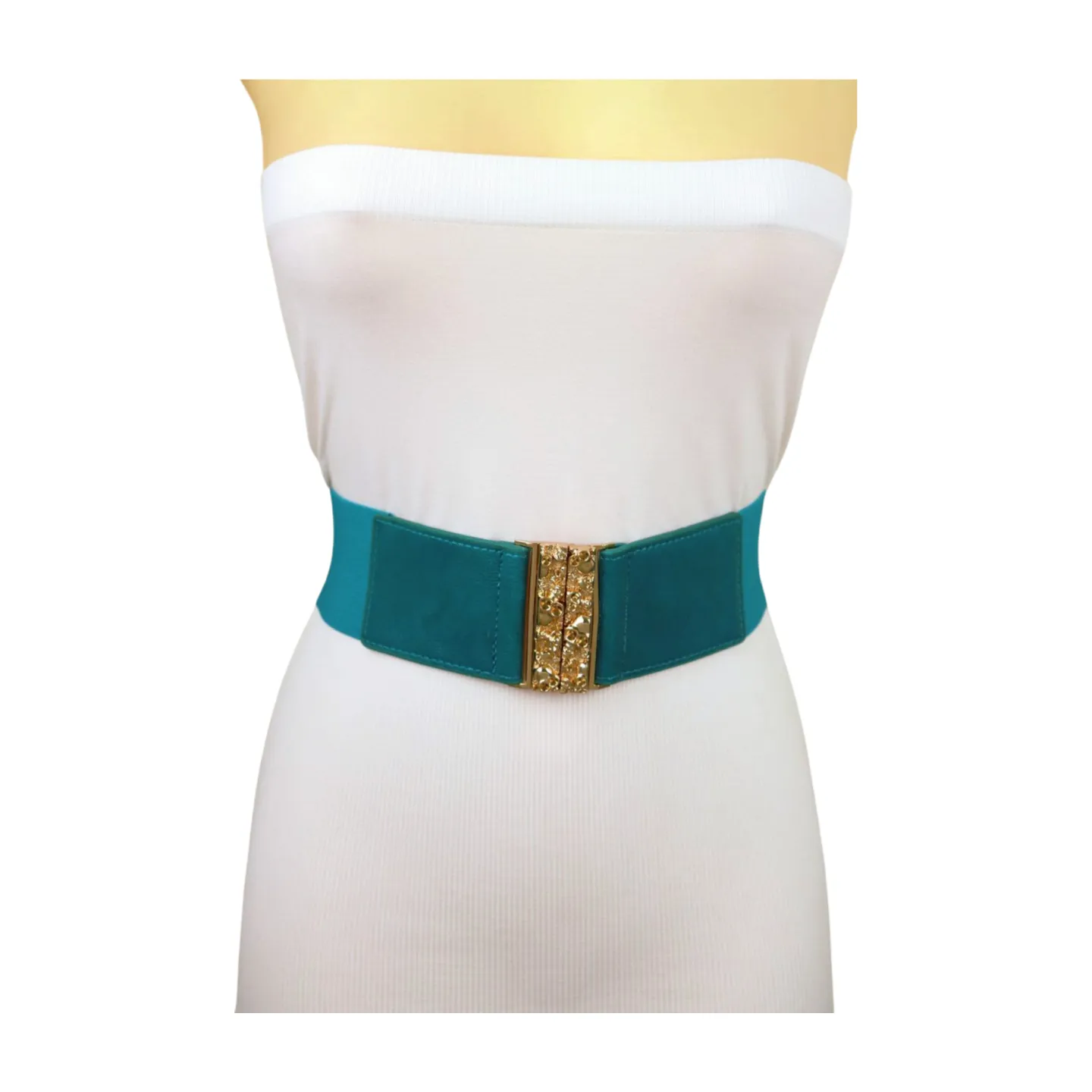 Women Teal Blue Wide Elastic Fashion Belt Hip High Waist Gold Skull Buckle S M