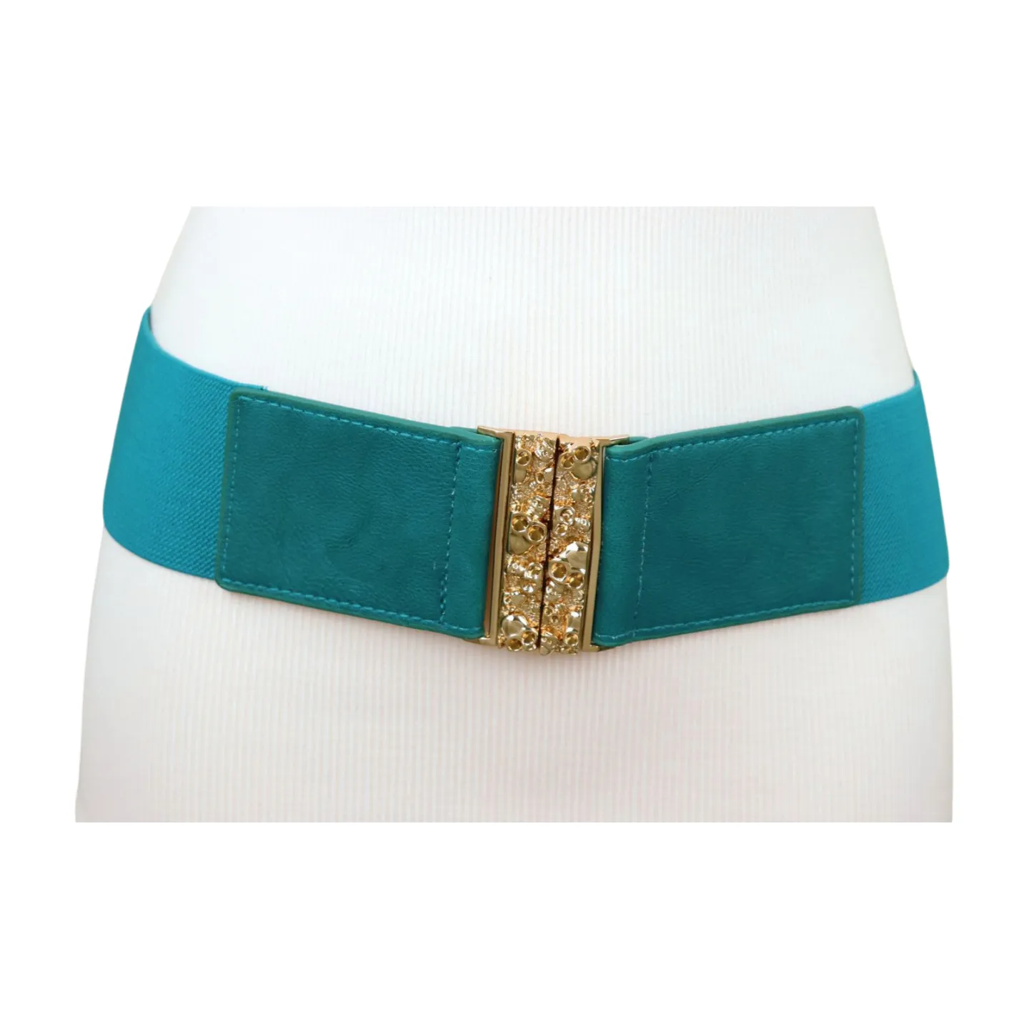 Women Teal Blue Wide Elastic Fashion Belt Hip High Waist Gold Skull Buckle S M
