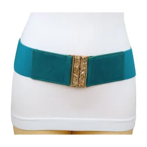 Women Teal Blue Wide Elastic Fashion Belt Hip High Waist Gold Skull Buckle S M