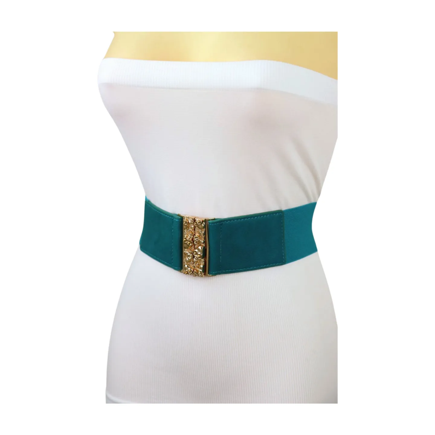 Women Teal Blue Wide Elastic Fashion Belt Hip High Waist Gold Skull Buckle S M