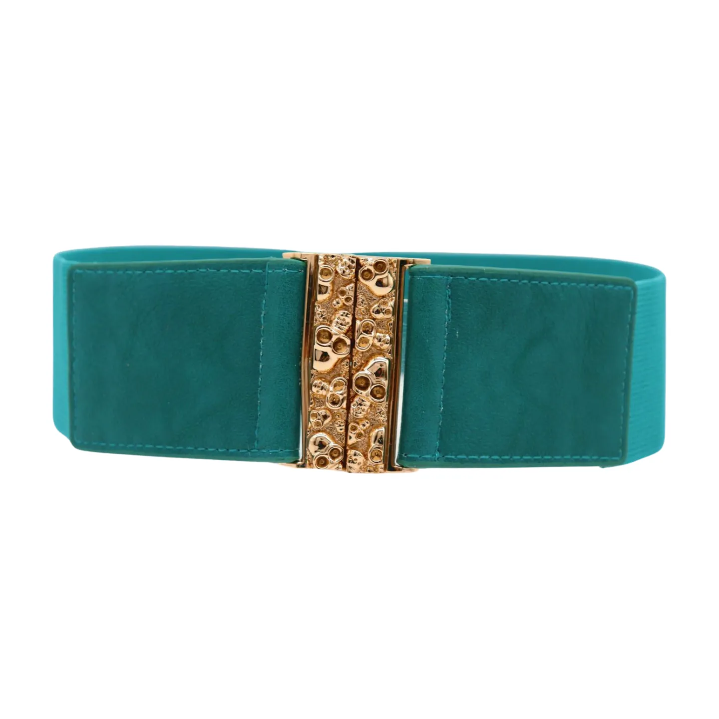 Women Teal Blue Wide Elastic Fashion Belt Hip High Waist Gold Skull Buckle S M