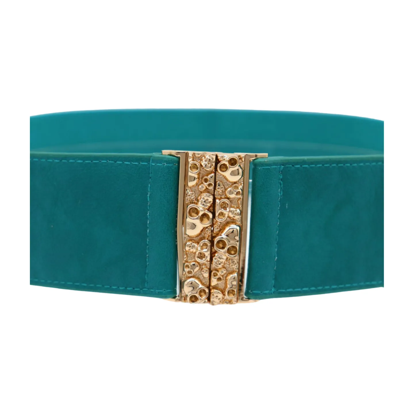 Women Teal Blue Wide Elastic Fashion Belt Hip High Waist Gold Skull Buckle S M