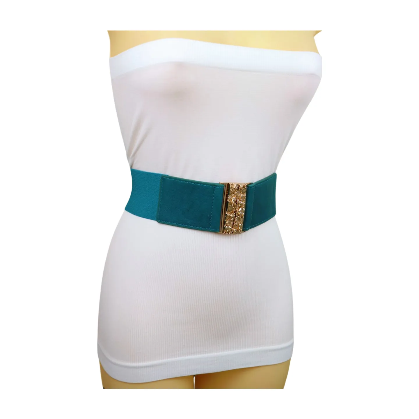 Women Teal Blue Wide Elastic Fashion Belt Hip High Waist Gold Skull Buckle S M