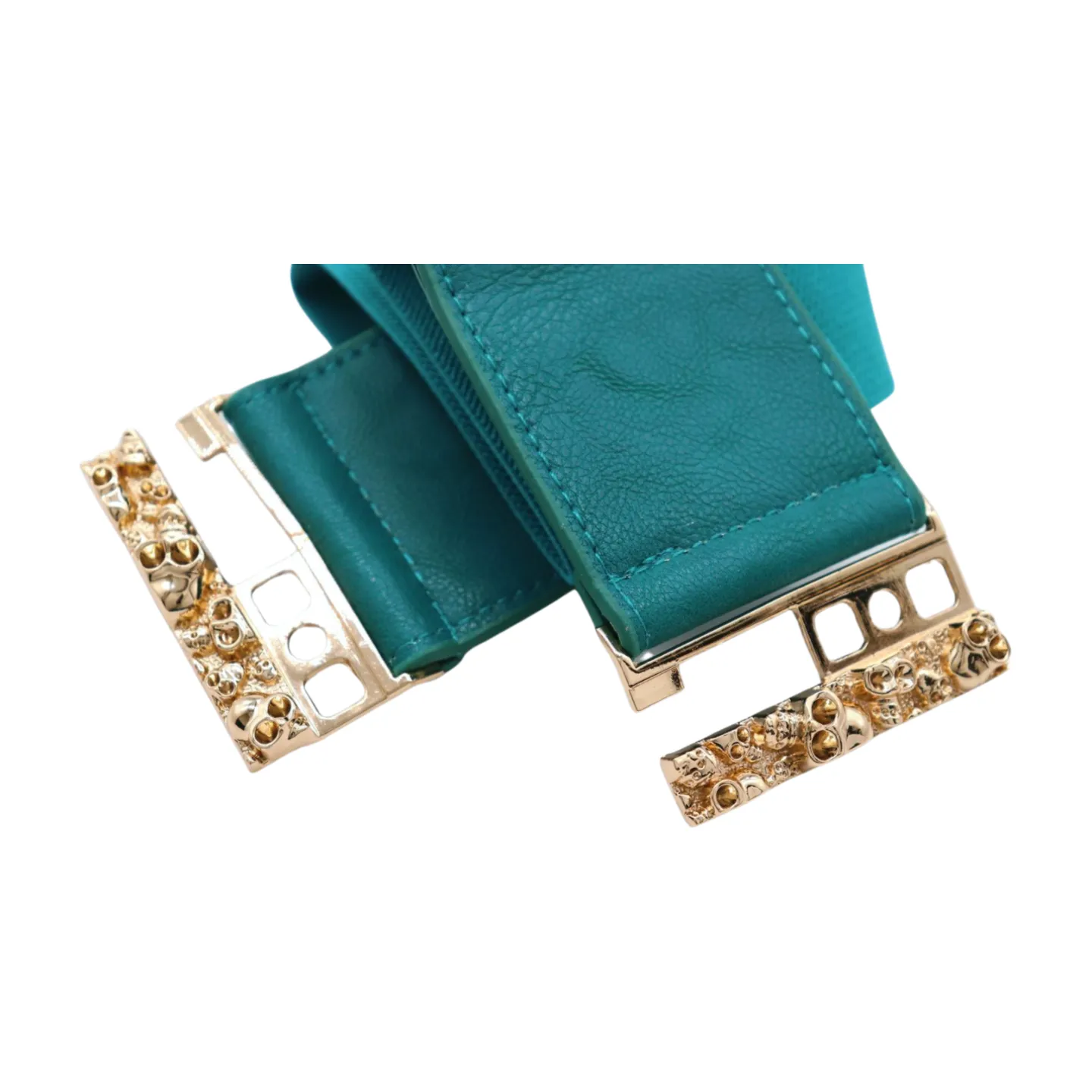 Women Teal Blue Wide Elastic Fashion Belt Hip High Waist Gold Skull Buckle S M