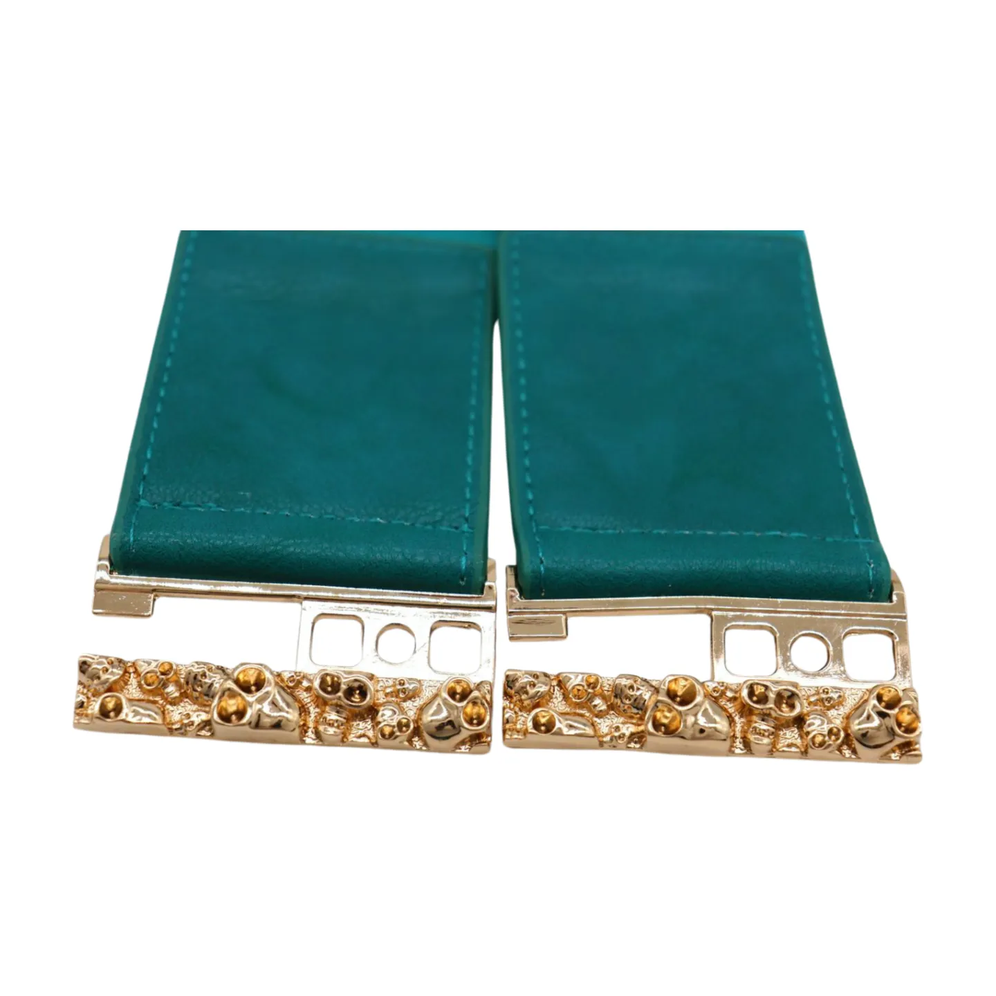Women Teal Blue Wide Elastic Fashion Belt Hip High Waist Gold Skull Buckle S M