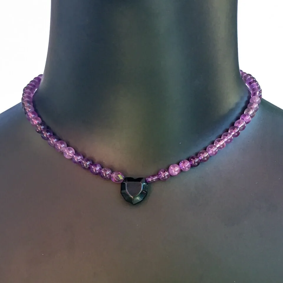 Women's Amethyst and Onyx Heart Gemstone Necklace