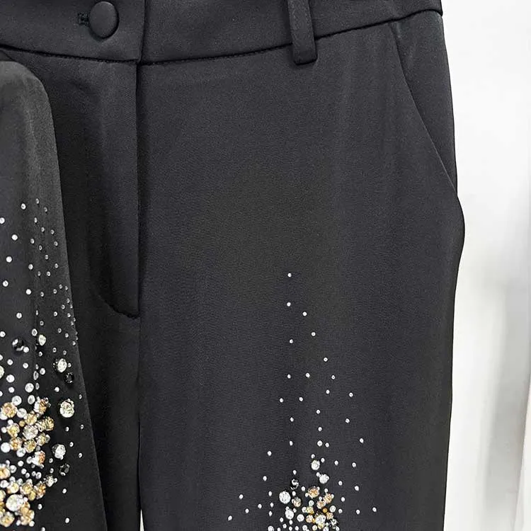 Women's Crystal Embellished Flared Pantsuit Black 2ps Formal Suit