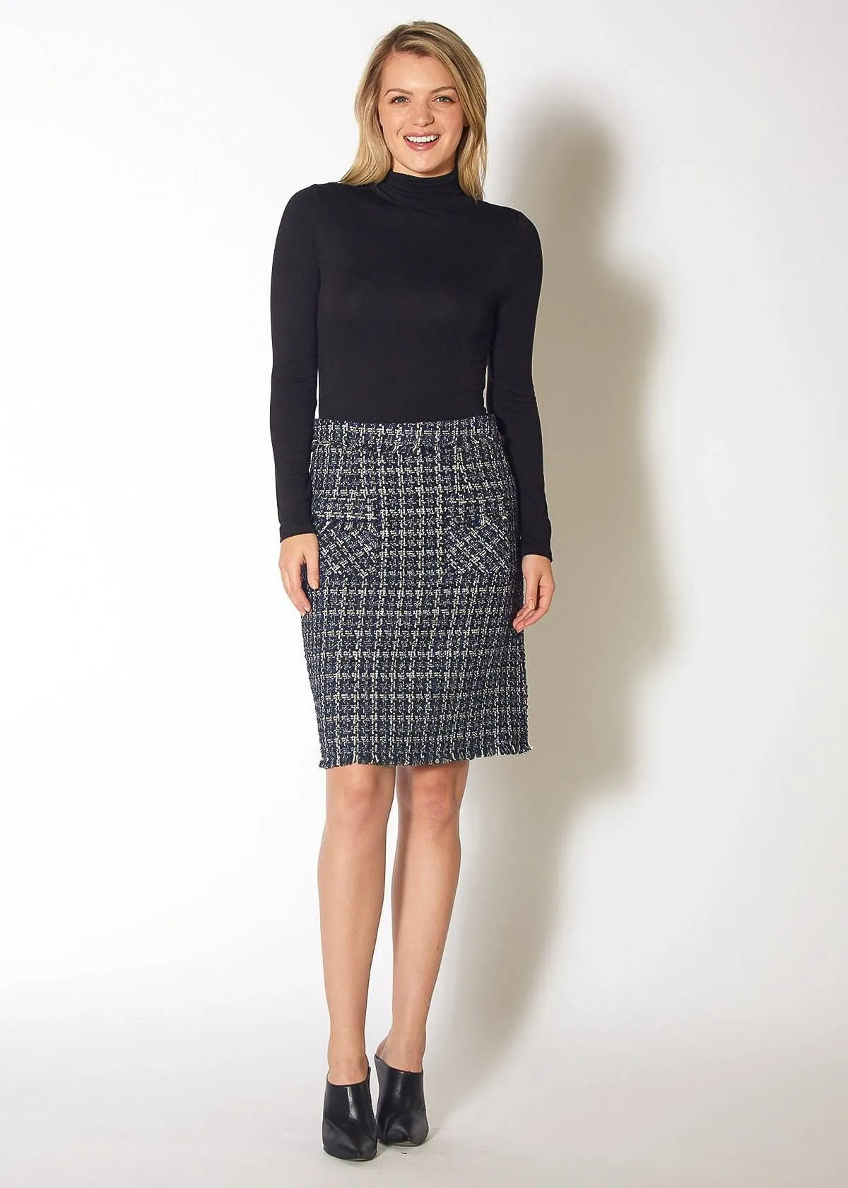 Women's High Rise Pencil Skirt in Navy Tweed by Shop at Konus