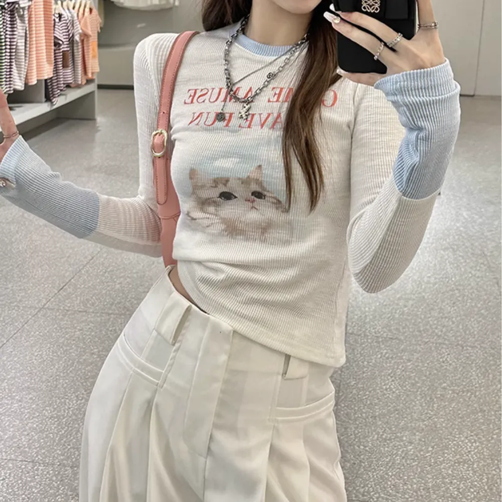 Women's Hot Girl Cat Print Long Sleeve Shirt