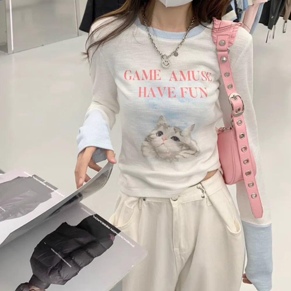 Women's Hot Girl Cat Print Long Sleeve Shirt