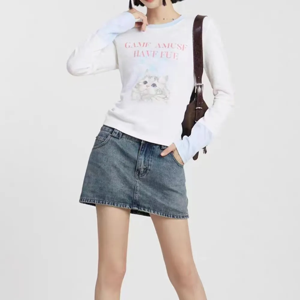 Women's Hot Girl Cat Print Long Sleeve Shirt