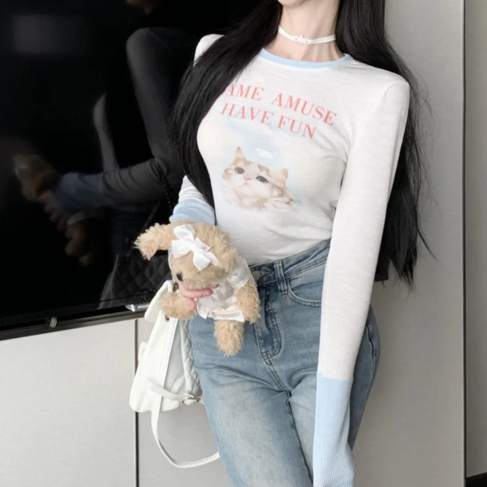 Women's Hot Girl Cat Print Long Sleeve Shirt