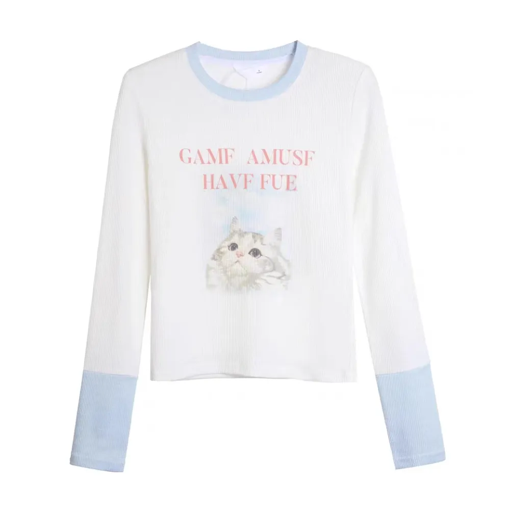 Women's Hot Girl Cat Print Long Sleeve Shirt