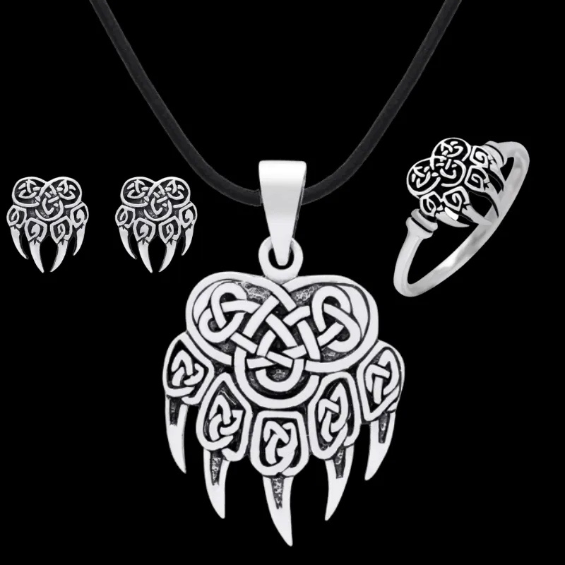 Women's jewelry set bear paw pendant, earrings and ring