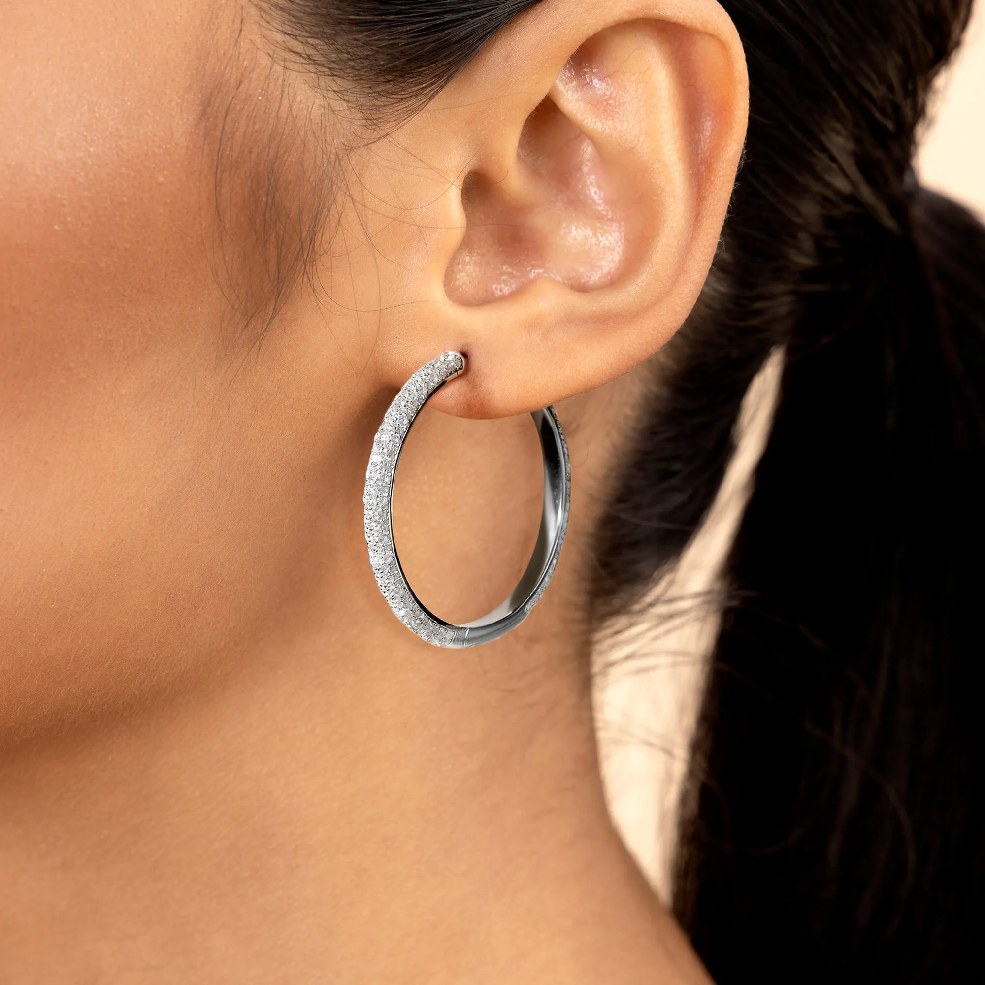 Women's Large Paved Hoop Earring - Single
