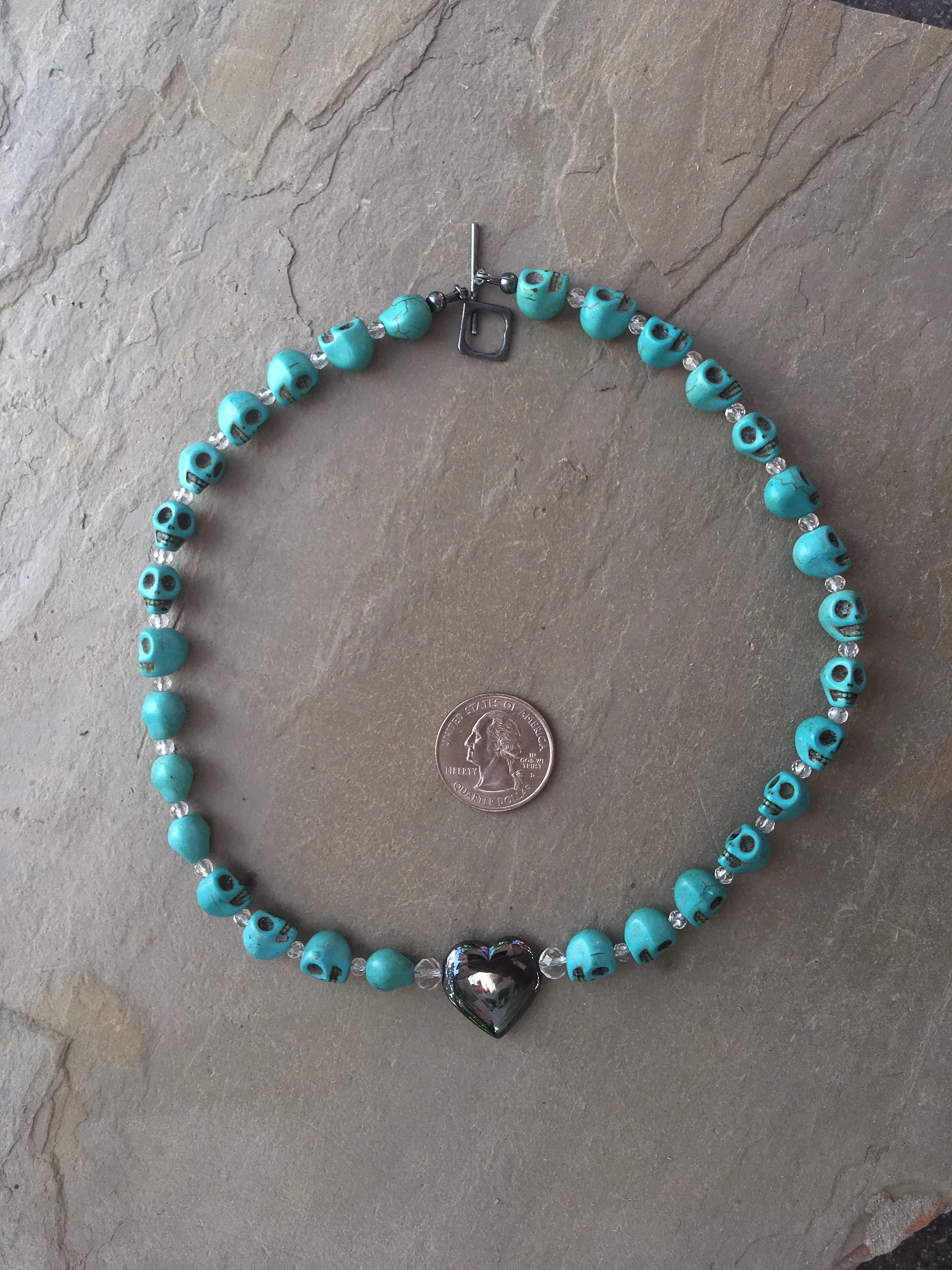 Women's Light Blue Skull & Gemstone Heart necklace