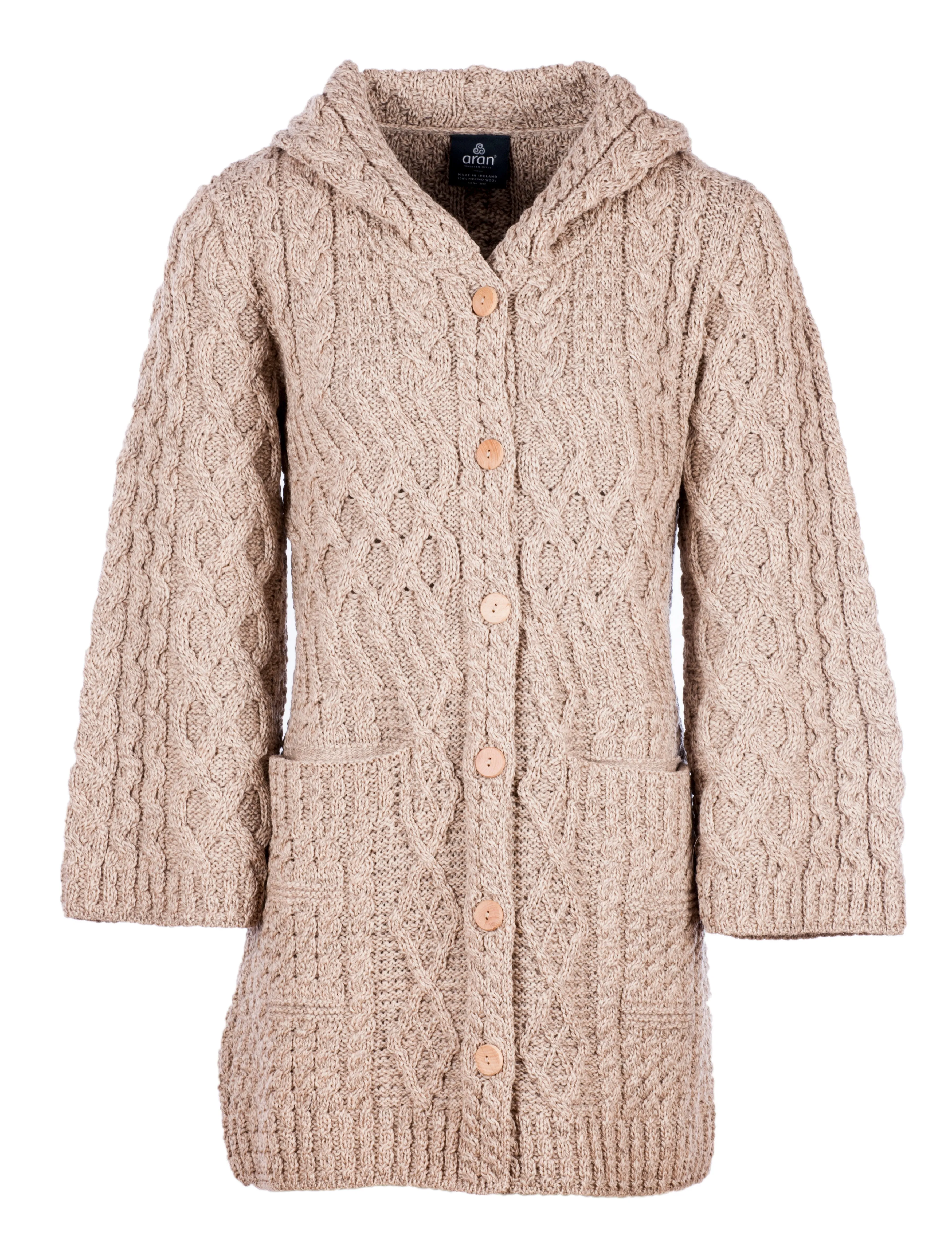 Women's Long Merino Wool Cardigan with Hood by Aran Mills