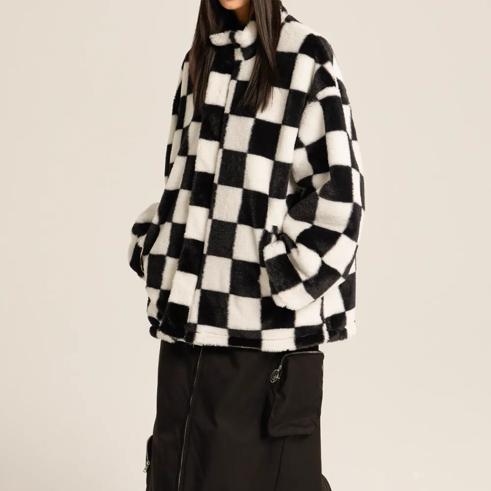 Women's Loose Checkerboard PU Coat