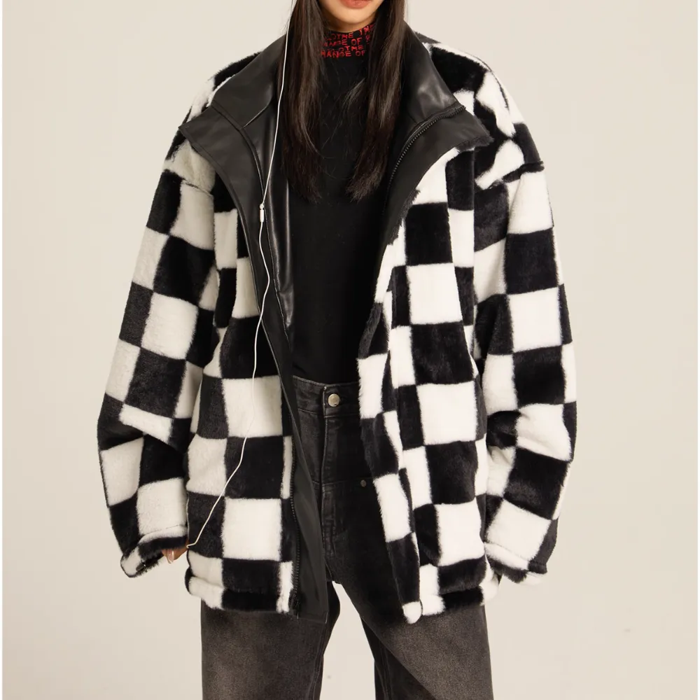 Women's Loose Checkerboard PU Coat