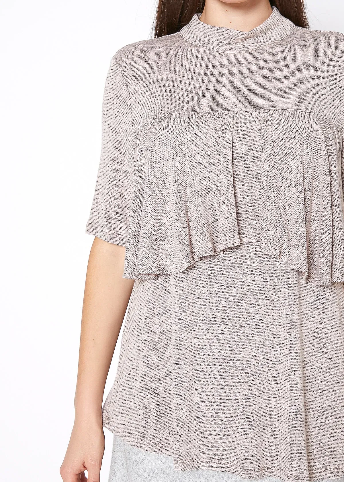 Women's Mock Neck Short Sleeve Ruffled Yoke Top