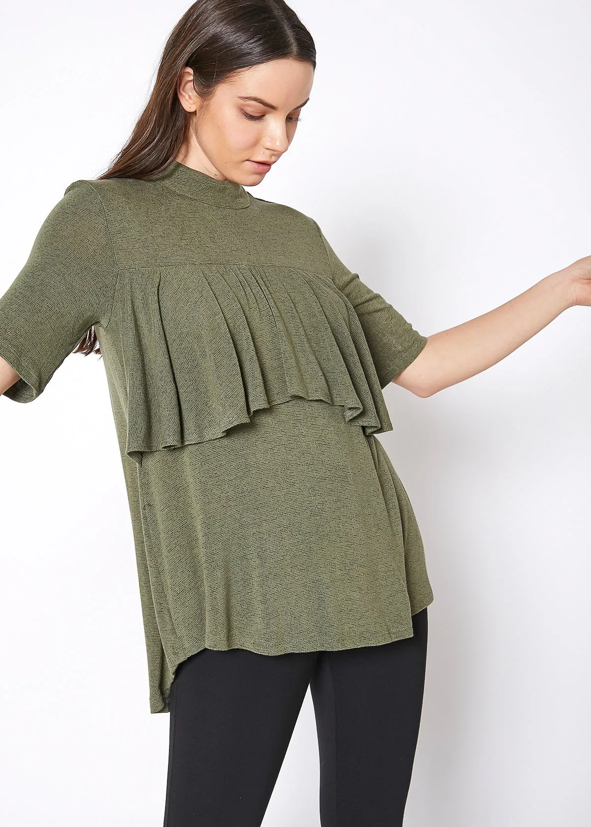 Women's Mock Neck Short Sleeve Ruffled Yoke Top