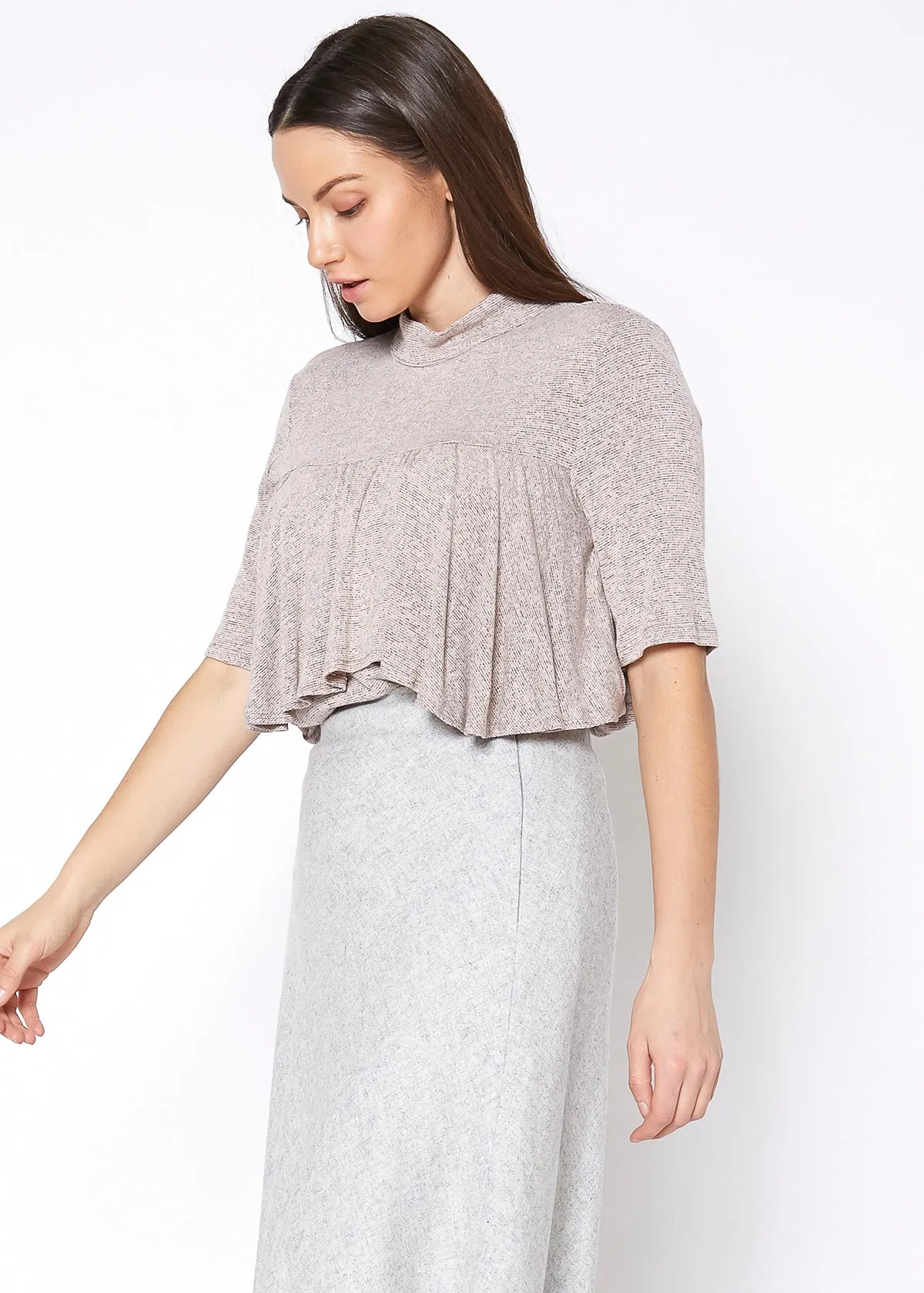 Women's Mock Neck Short Sleeve Ruffled Yoke Top