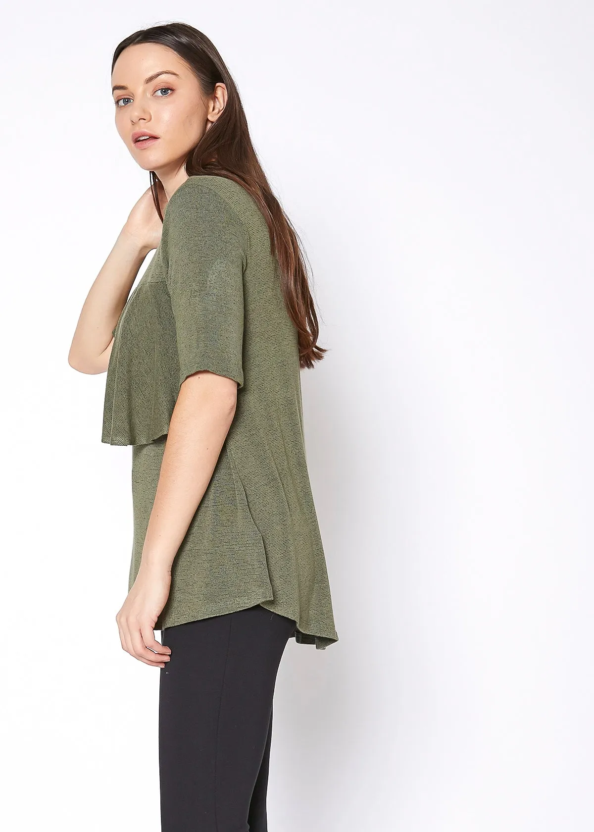 Women's Mock Neck Short Sleeve Ruffled Yoke Top