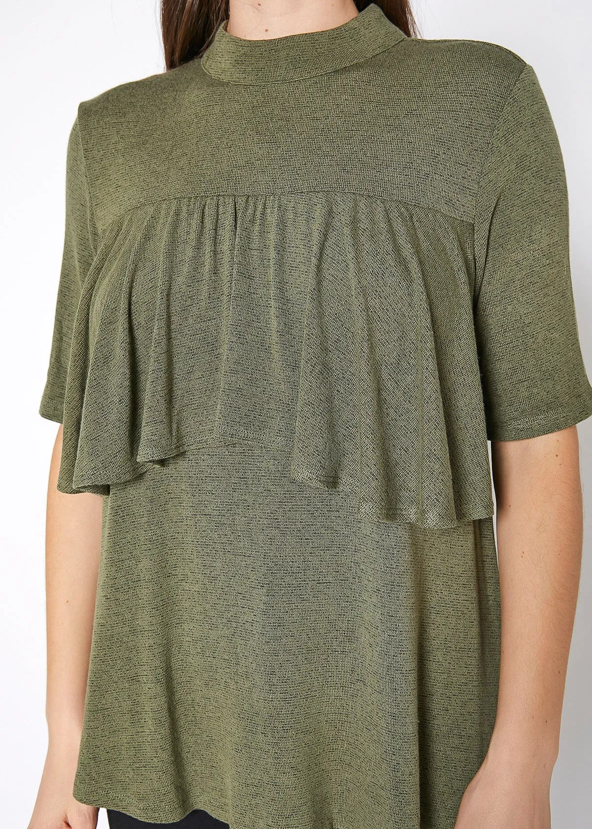 Women's Mock Neck Short Sleeve Ruffled Yoke Top