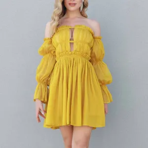 Women's Off-shoulder Mini Dress Yellow Long-Sleeved Ruffled Dress