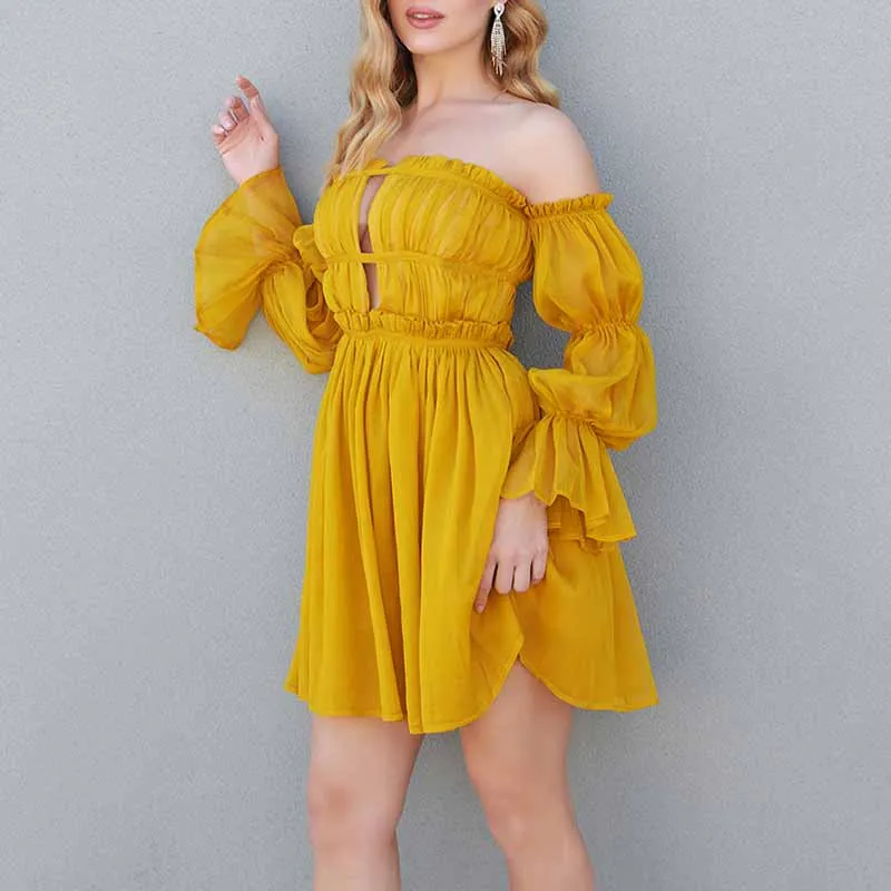Women's Off-shoulder Mini Dress Yellow Long-Sleeved Ruffled Dress