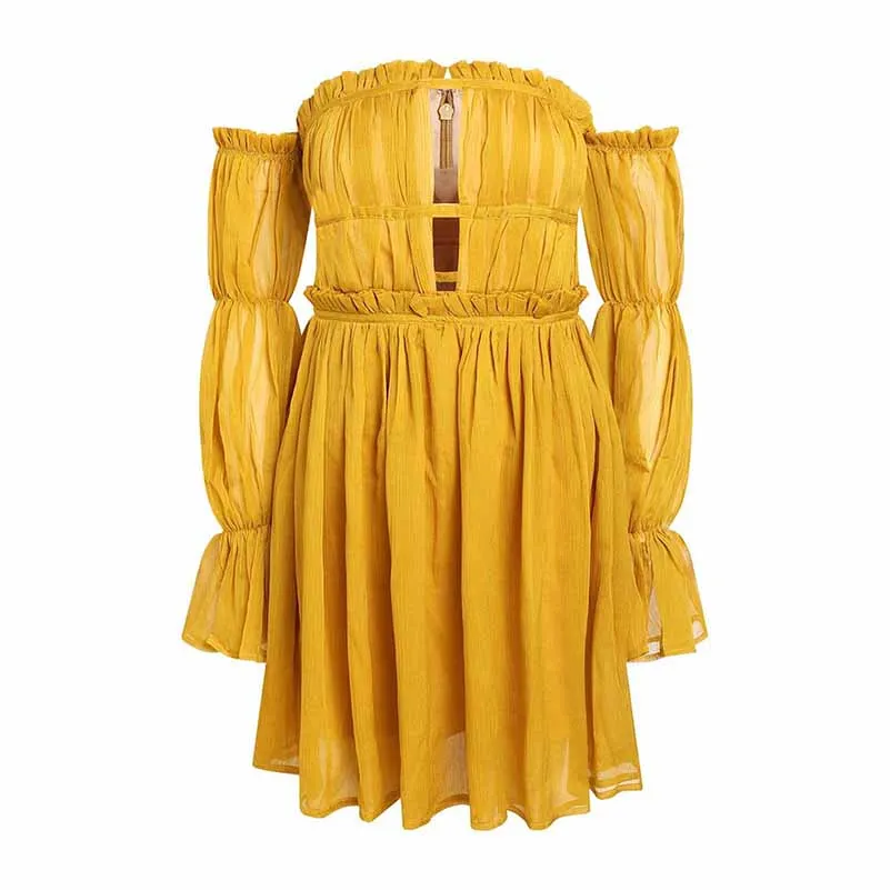 Women's Off-shoulder Mini Dress Yellow Long-Sleeved Ruffled Dress