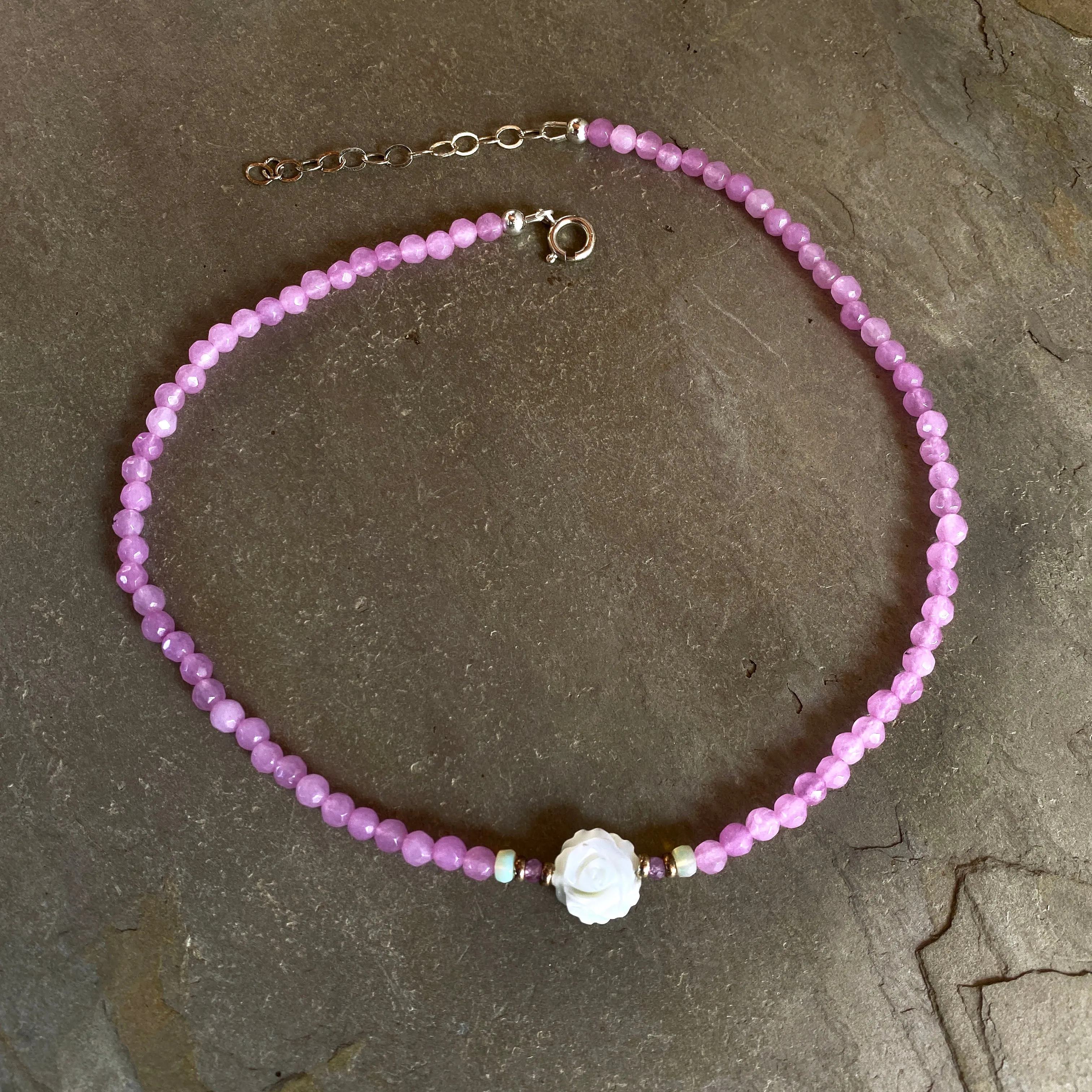 Women's Pink Agate, Opal Gemstone with Mother of Pearl Rose Choker necklace