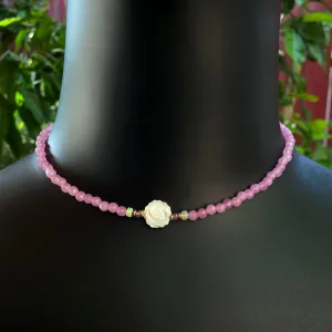Women's Pink Agate, Opal Gemstone with Mother of Pearl Rose Choker necklace