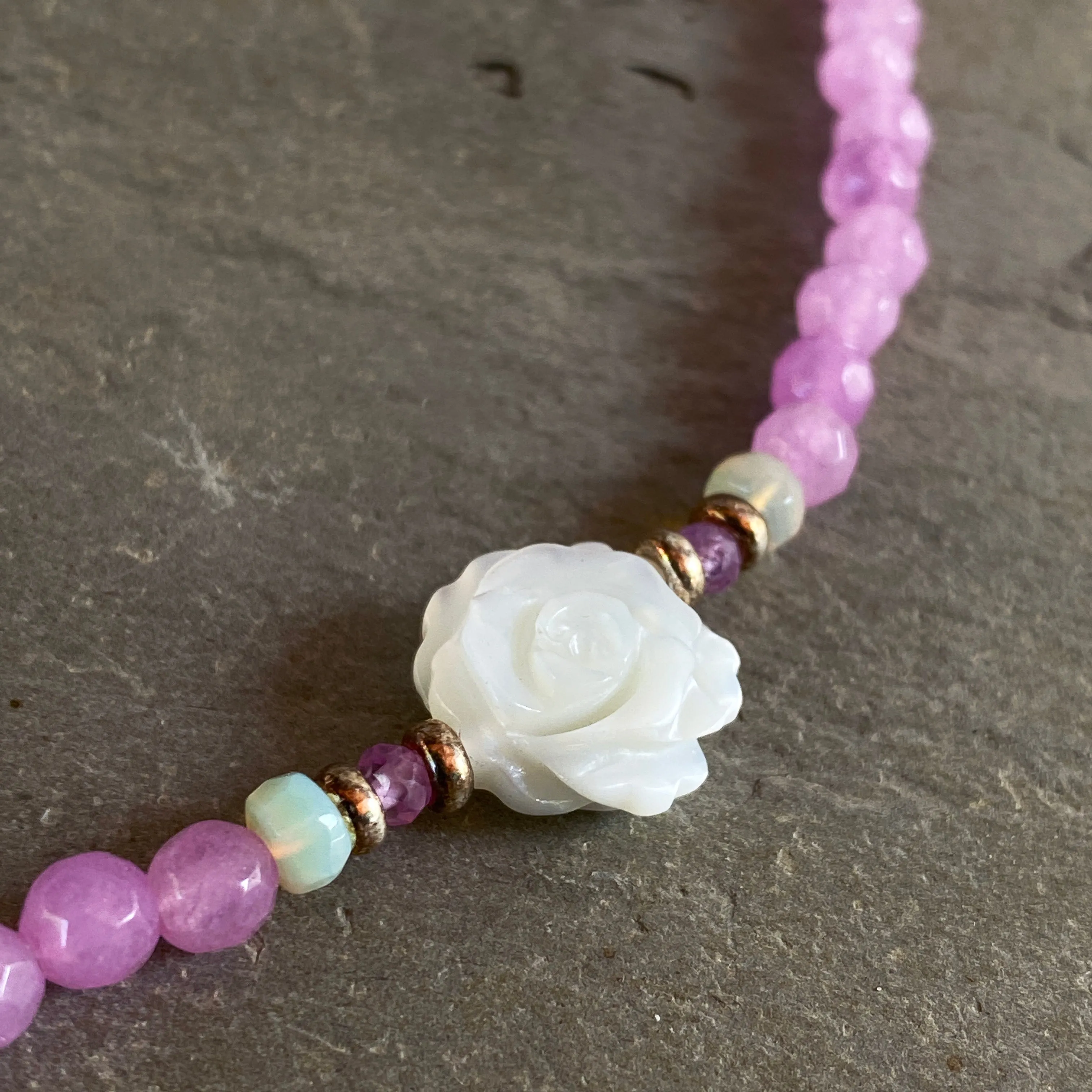Women's Pink Agate, Opal Gemstone with Mother of Pearl Rose Choker necklace