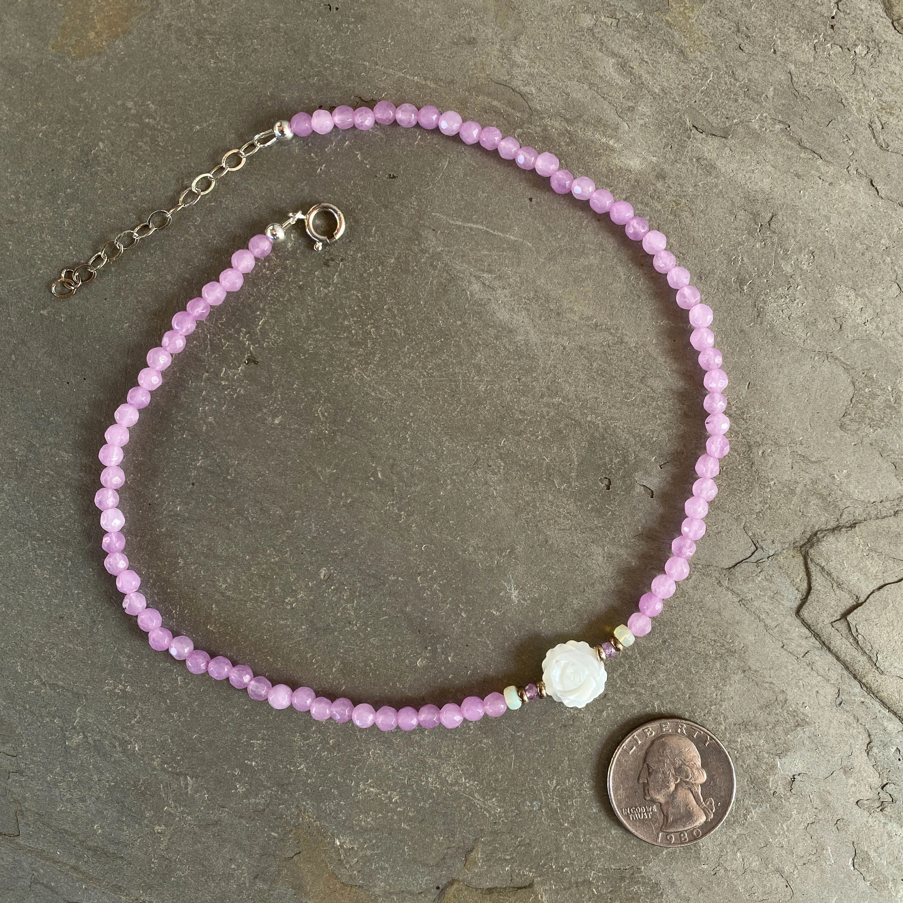 Women's Pink Agate, Opal Gemstone with Mother of Pearl Rose Choker necklace