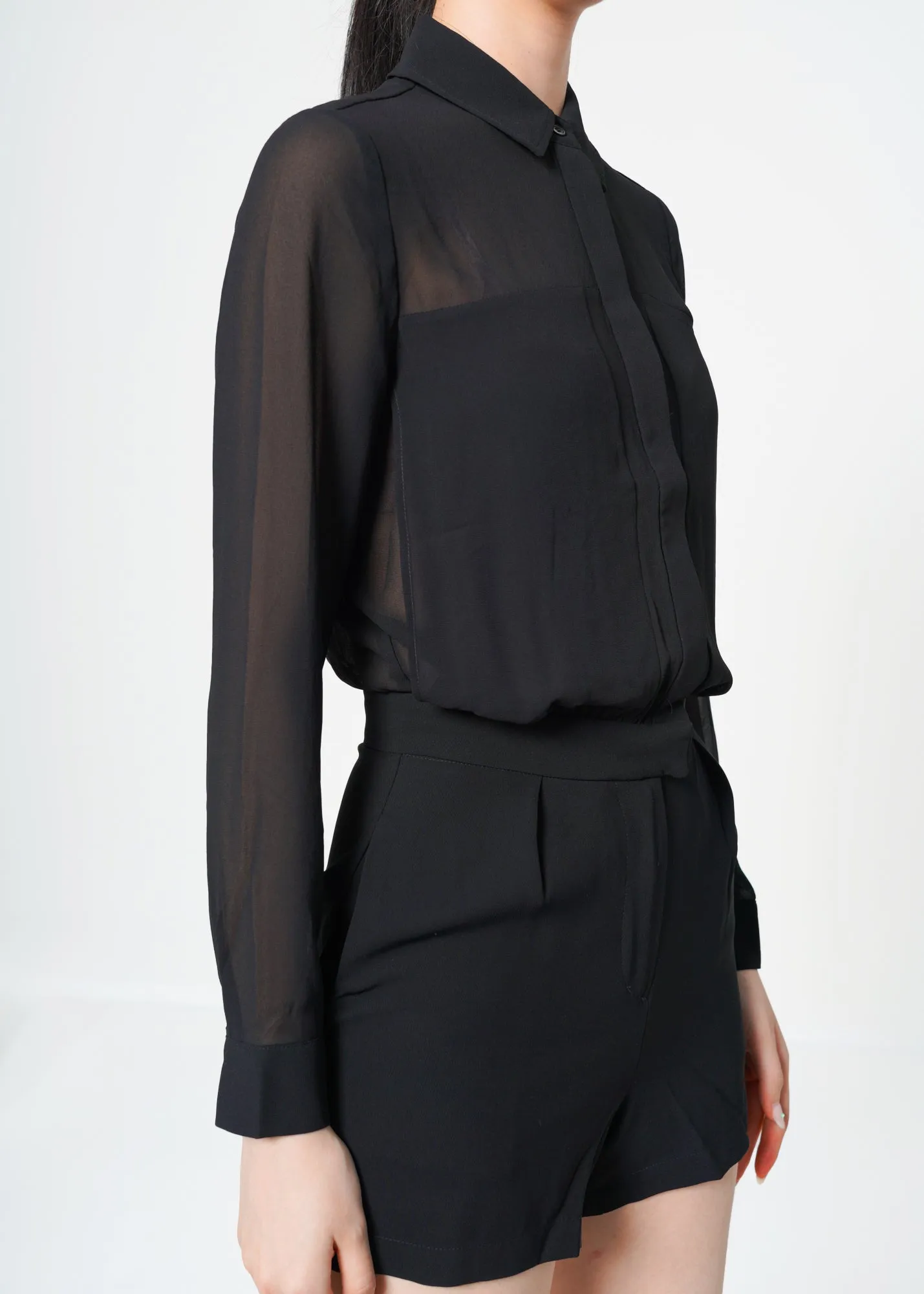 Women's Pleated Button Up Romper In Black