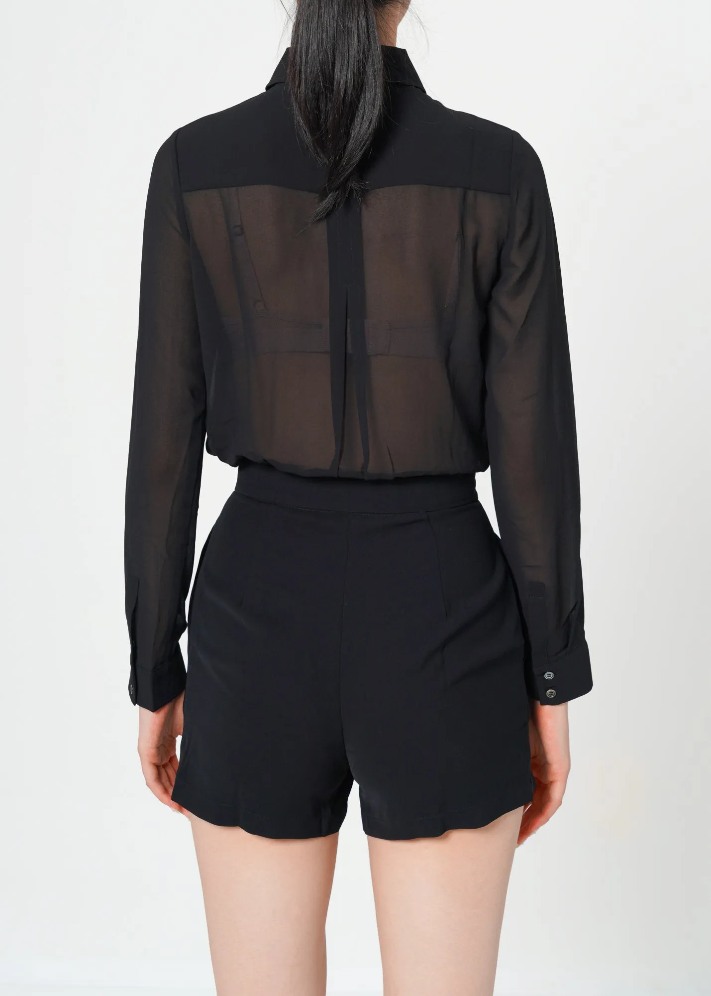 Women's Pleated Button Up Romper In Black