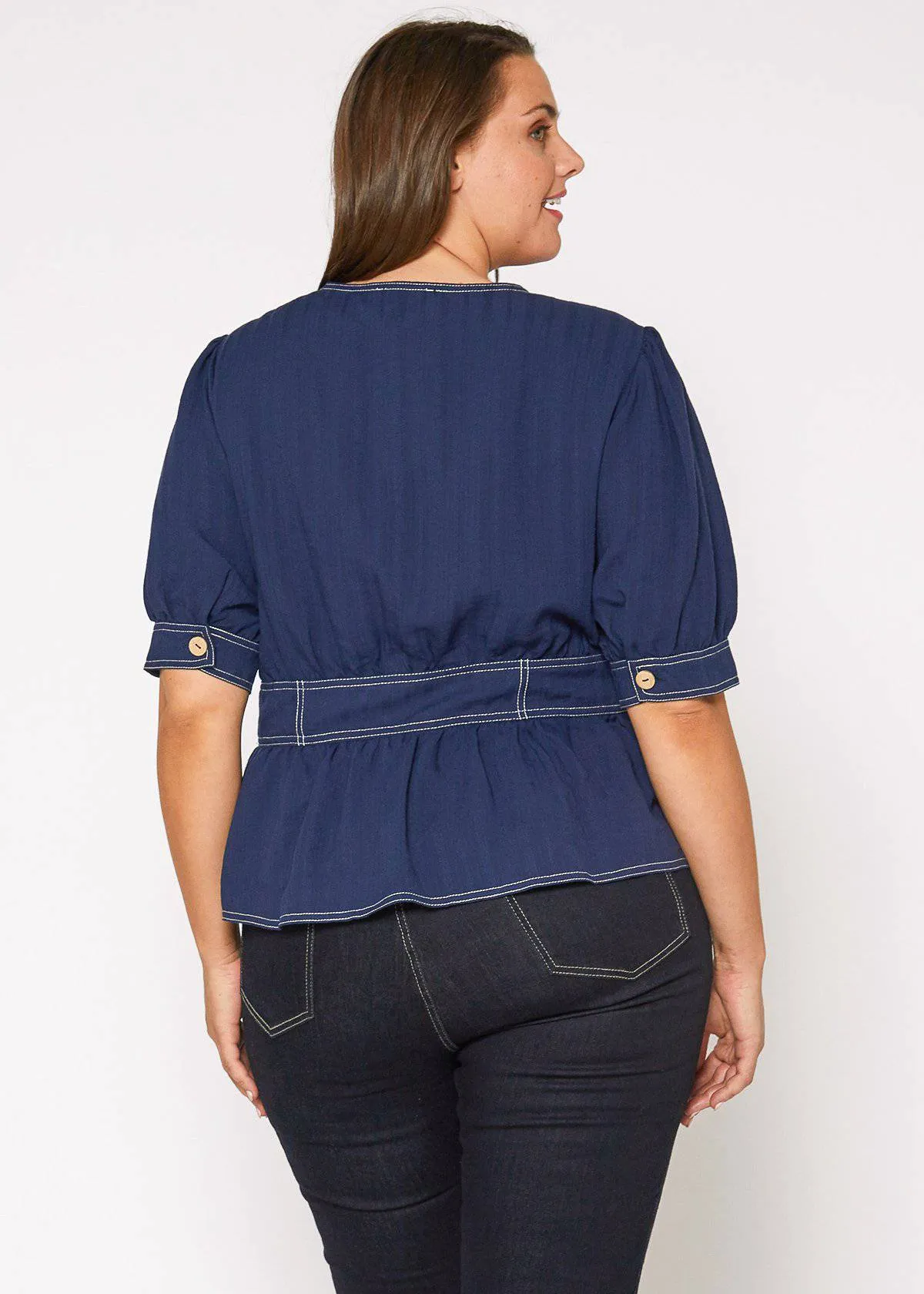 Women's Plus Size Puff Shoulder Button Front Peplum Top in Navy